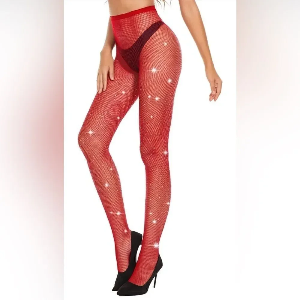 Red rhinestone hosiery fishnet stockings tights